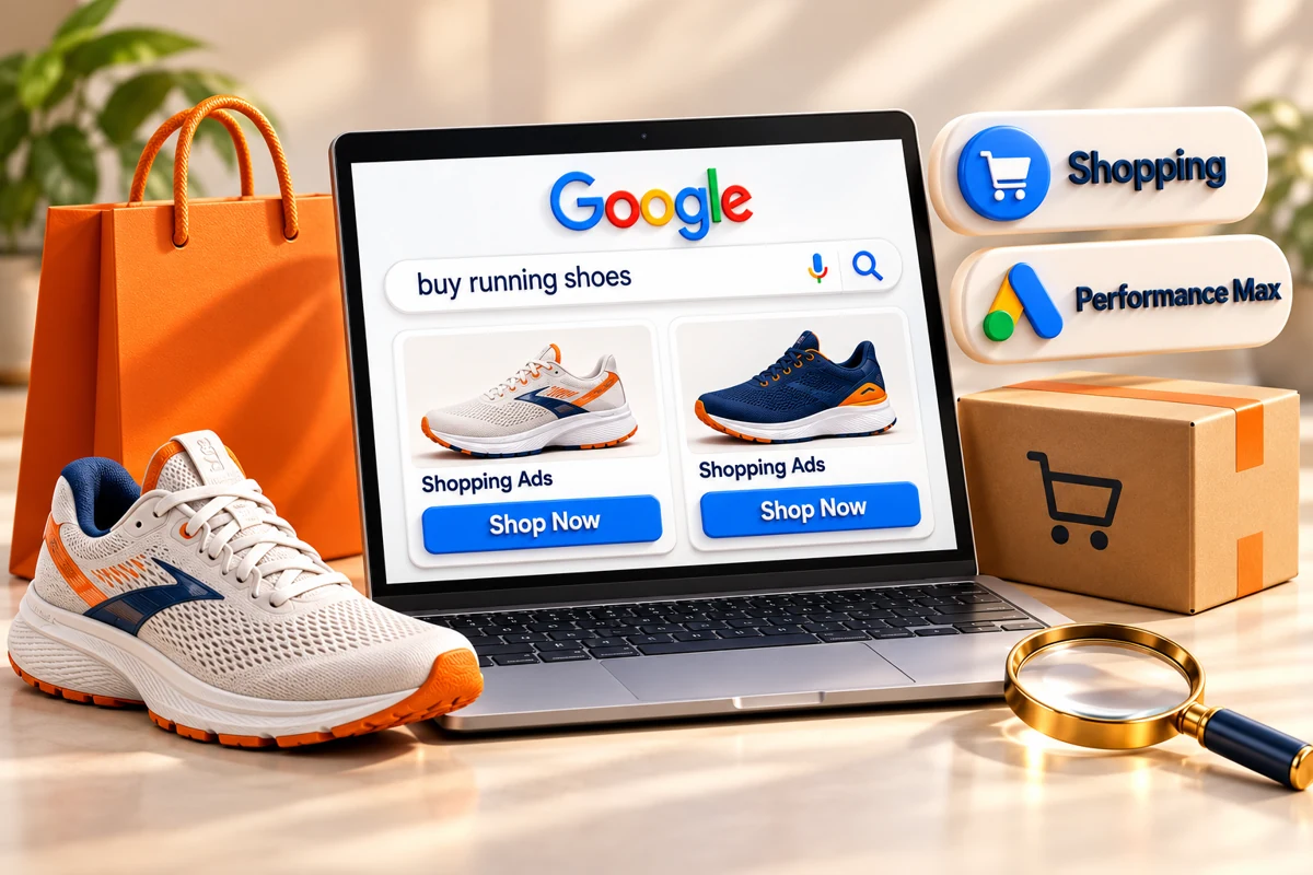 3D shopping ad illustration with products, Google search, Shopping and Performance Max elements