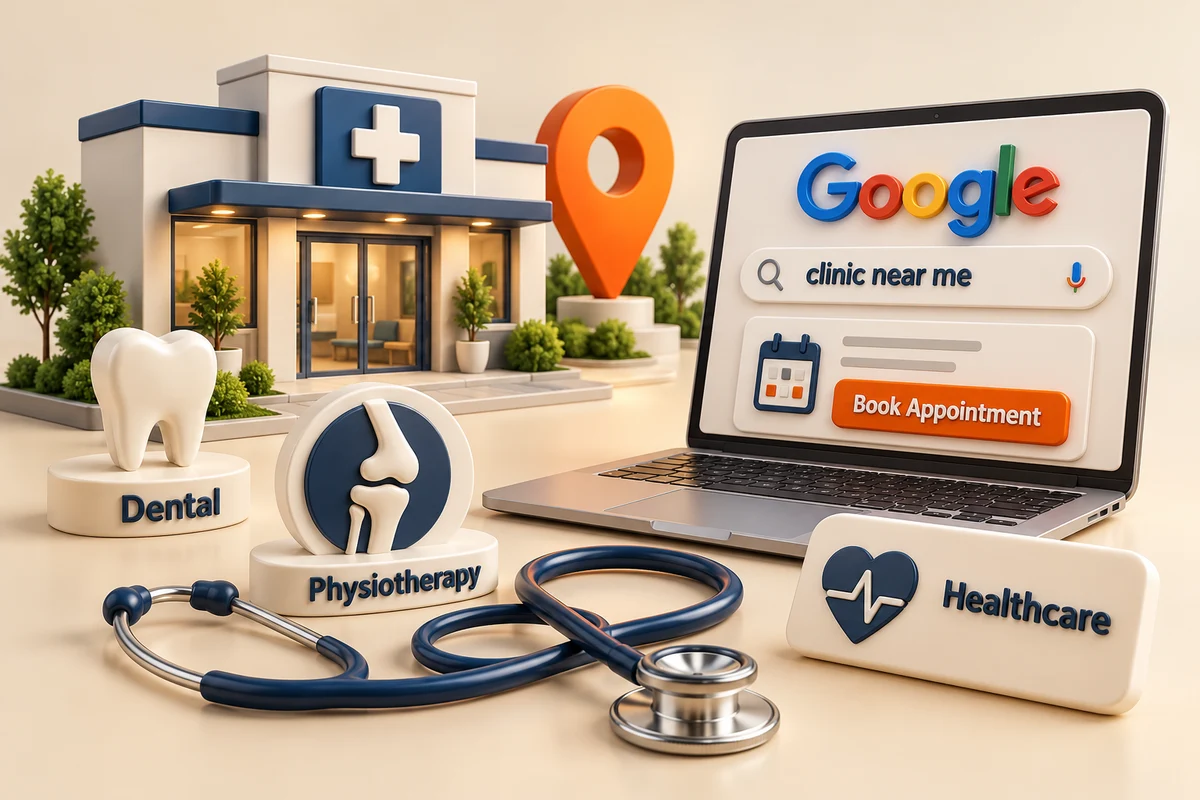 3D healthcare advertising illustration with dental and physiotherapy elements 3D healthcare advertising illustration with dental and physiotherapy elements