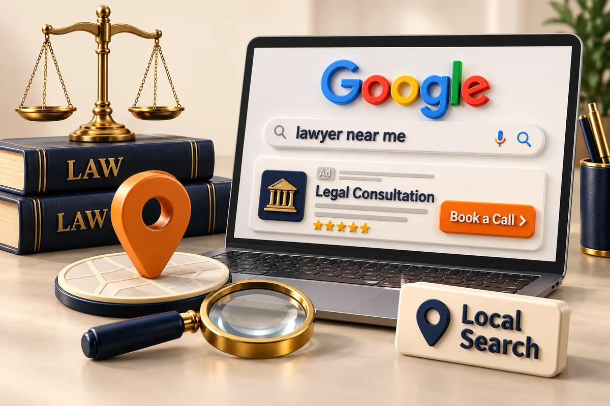 3D legal advertising illustration with scales of justice and a Google search 3D legal advertising illustration with scales of justice and a Google search
