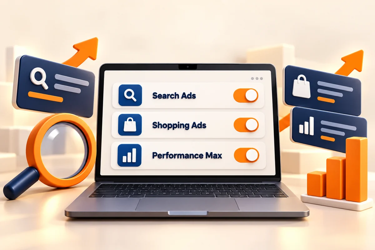 3D illustration of PPC Management with raised lettering and relevant service elements