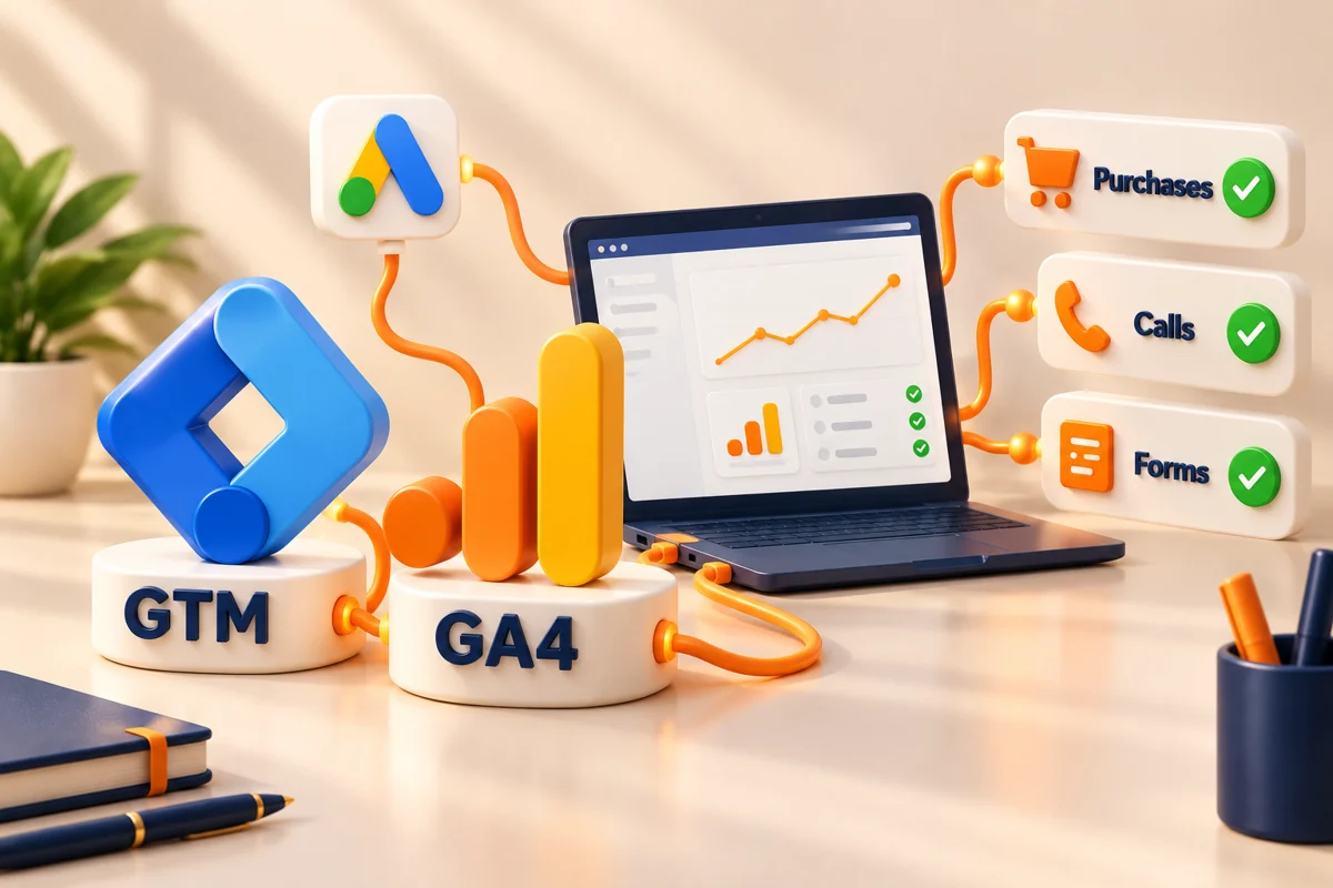 3D GTM and GA4 logos connected to purchase, call and form tracking